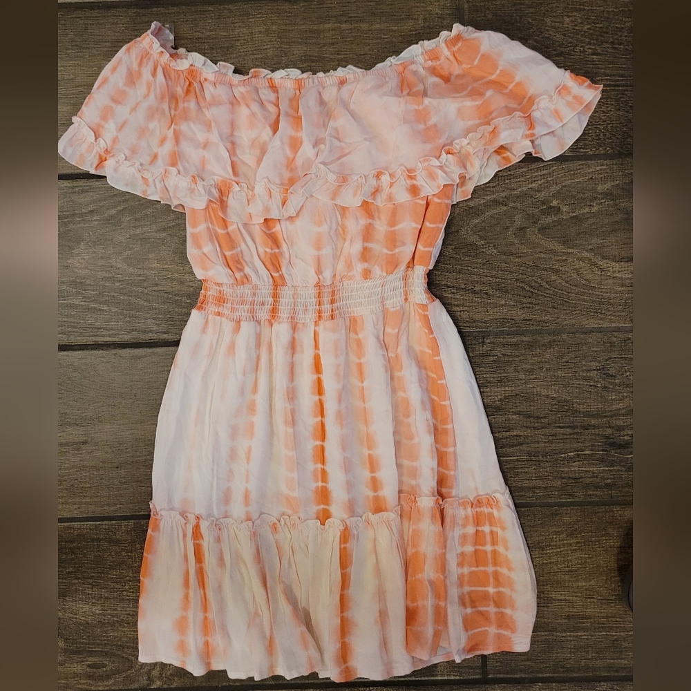 Allison & Kelly Size Small Womans Pink White Ruffle Off Shoulder Knit Dress